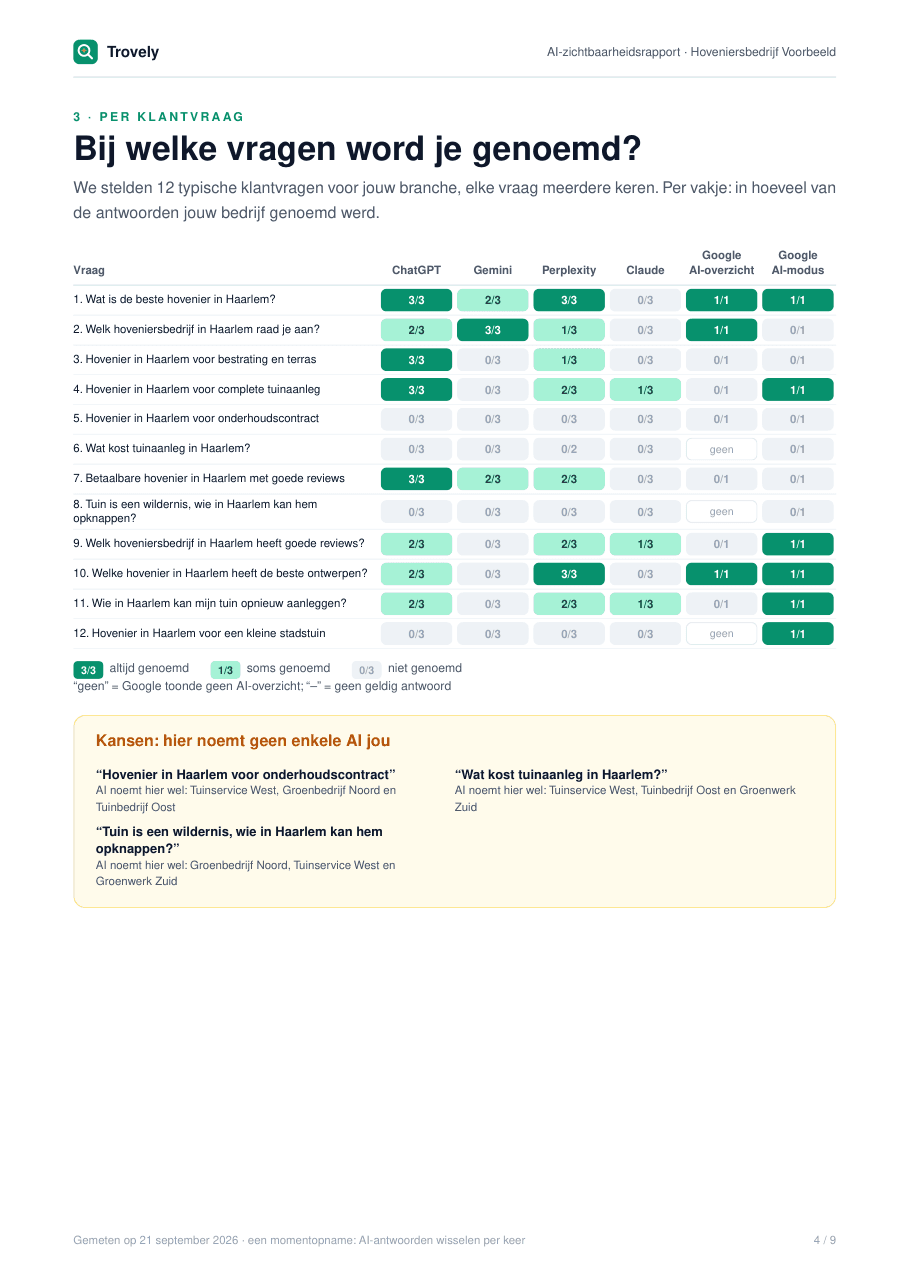 Raster uit het voorbeeldrapport met 12 klantvragen tegenover 6 AI-assistenten, per vakje hoe vaak het bedrijf genoemd werd, en een kader met kansen.
